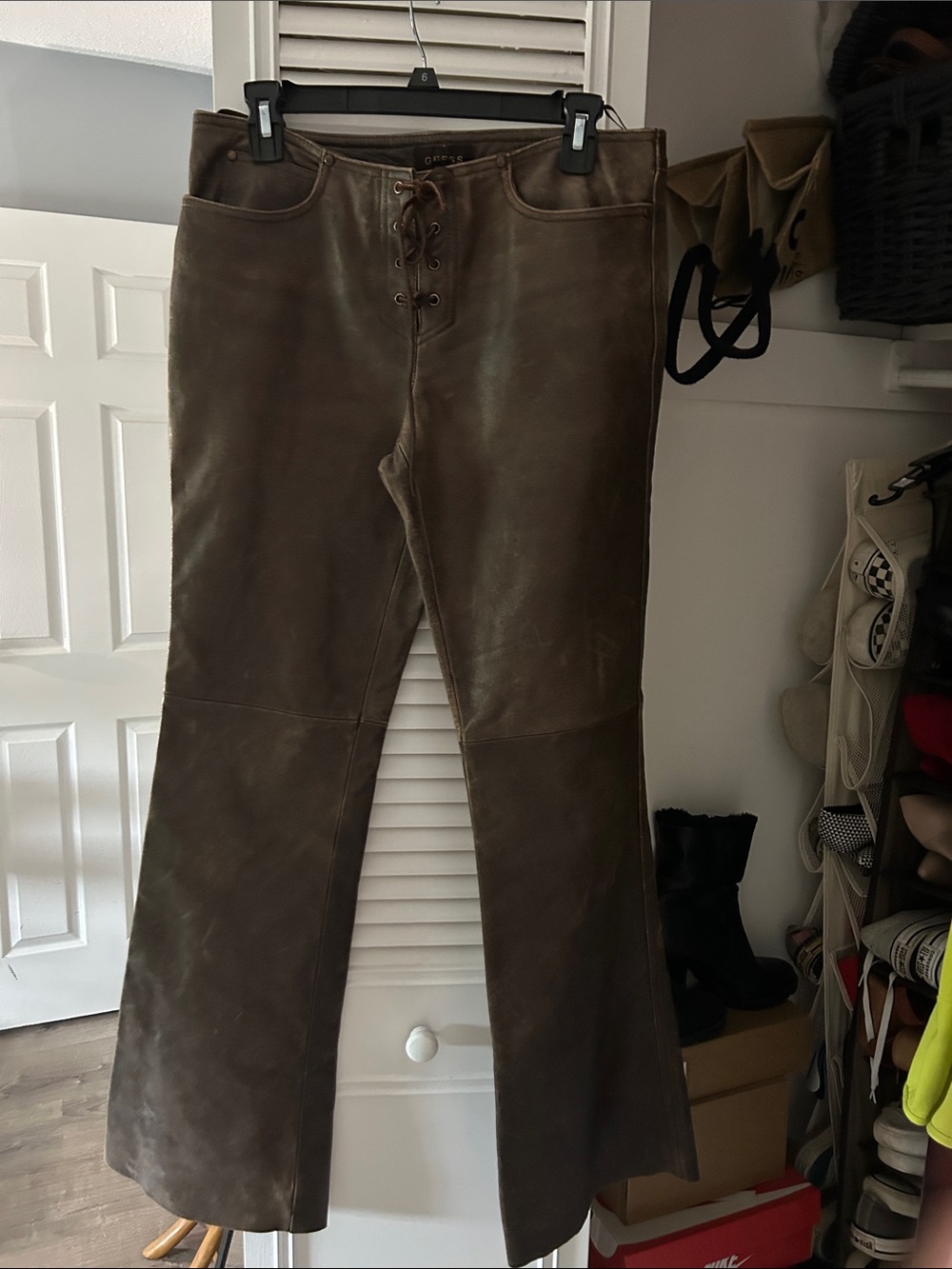 ARCHIVE VTG Y2K Guess Leather Lace-Up Flare Pants-Rare Brown Paneled Size 6